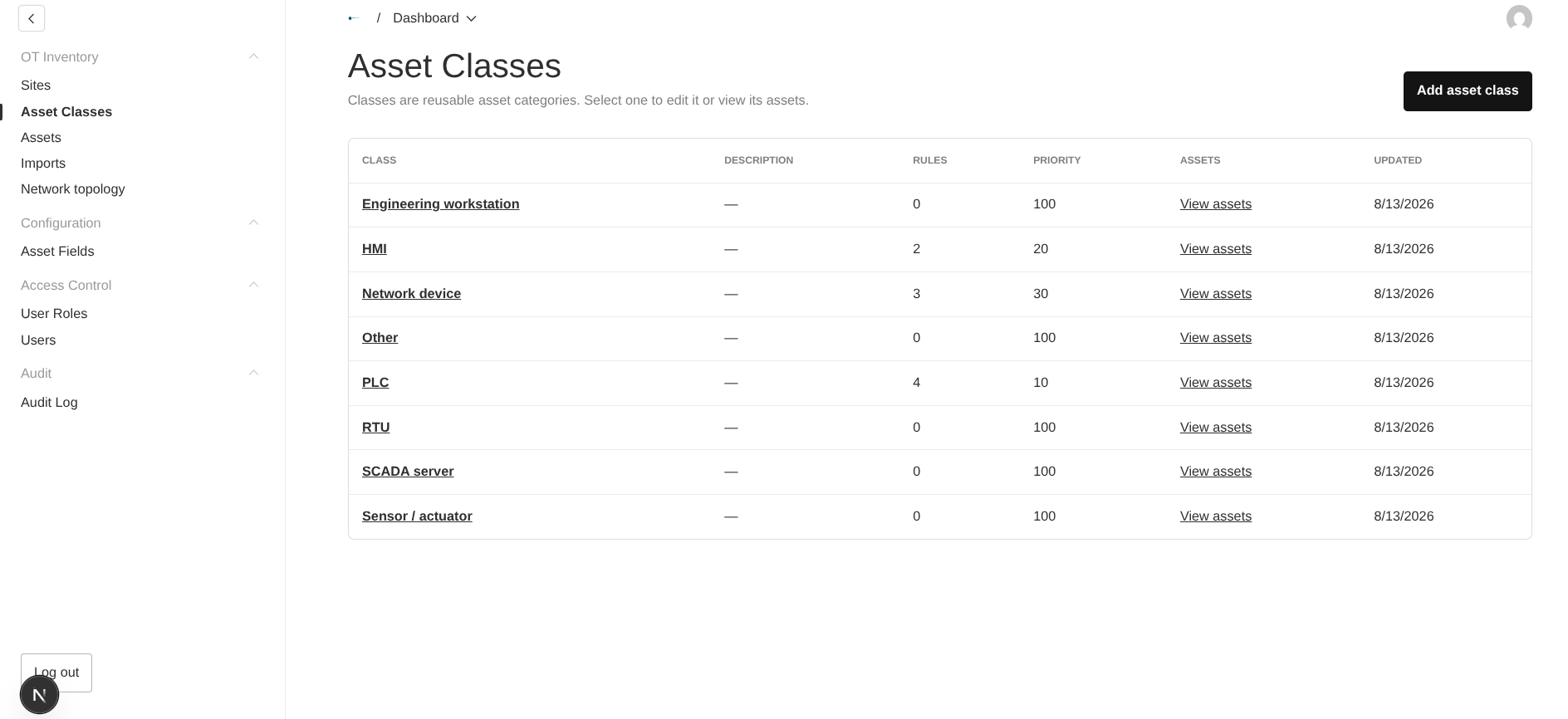 OTserver asset classes with classification rule counts, priorities, and links to matching assets