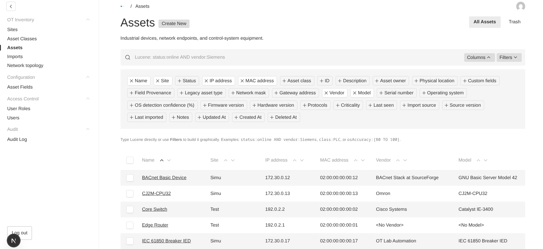 OTserver asset inventory with industrial device details