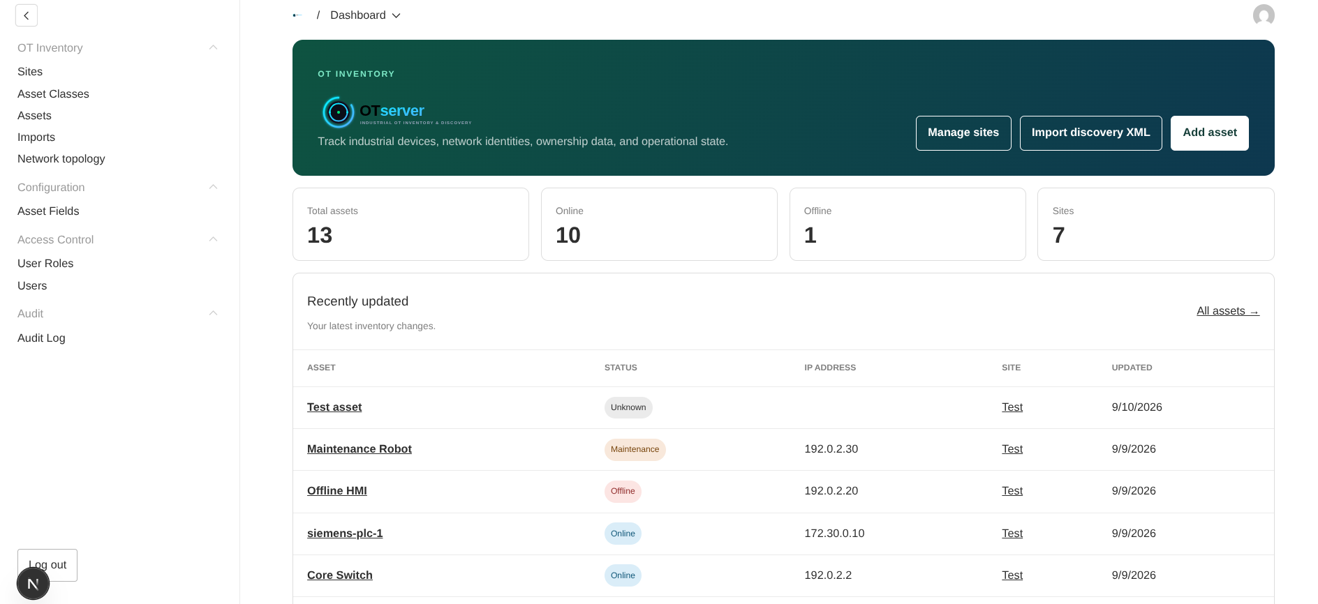 OTserver dashboard showing site totals and recently updated industrial assets