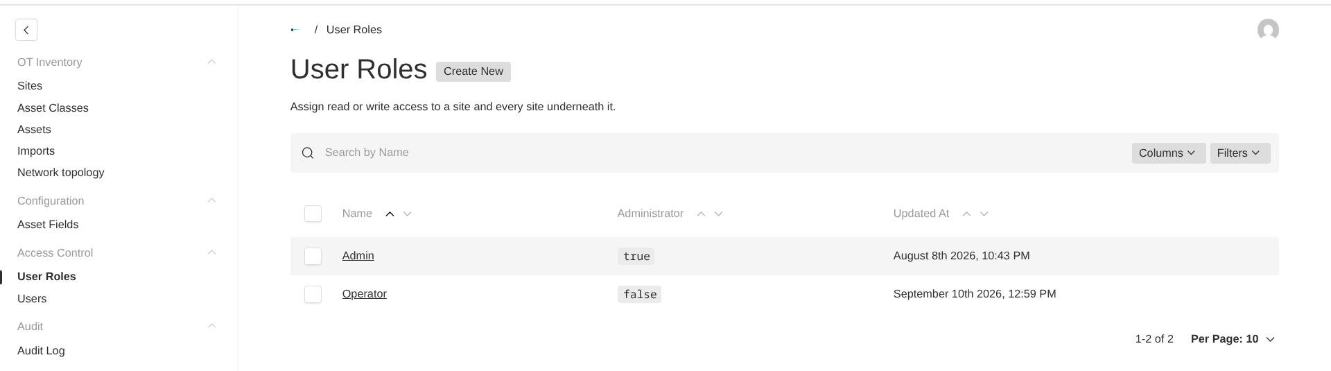 OTserver User Roles overview showing the protected Admin role and an Operator role