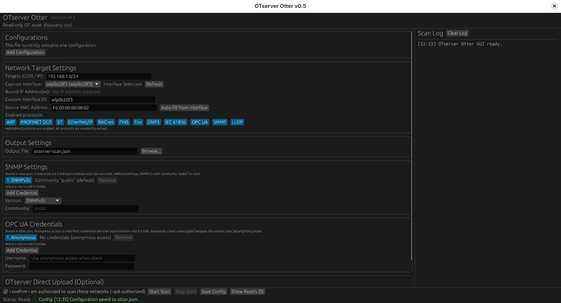 OTserver Otter graphical interface with configuration, protocol toggles, credential lists, authorization controls, and scan log
