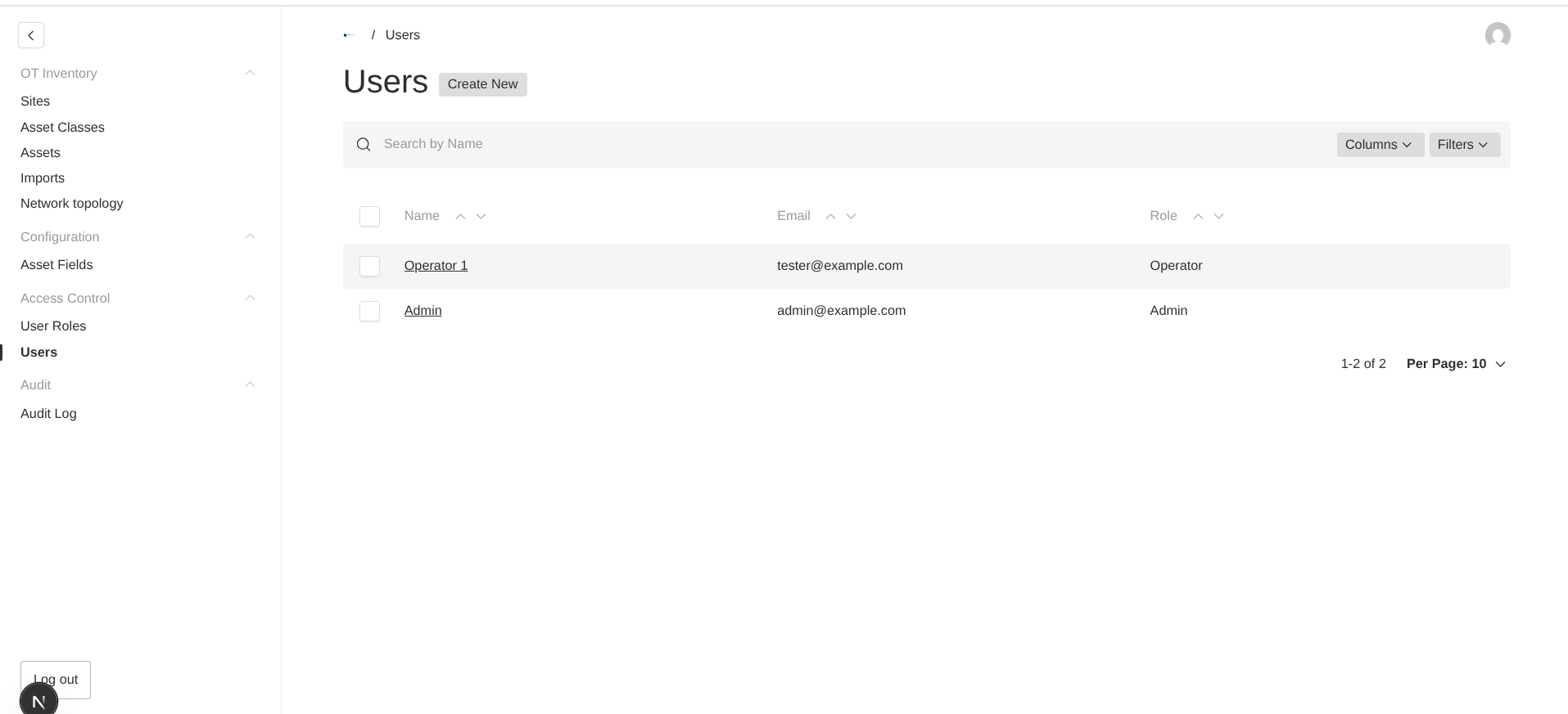 OTserver Users list showing accounts assigned to the Operator and Admin roles